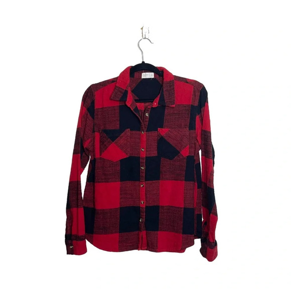 Maurices 100% Cotton Relaxed Fit Red Black Plaid Button Down Shirt Medium Women - Picture 2 of 11